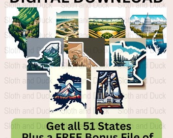 50 states PNG Bundle, United States Landmarks, State Outline PNG, State Vector Image Clipart, All States Watercolor Clipart Landmarks