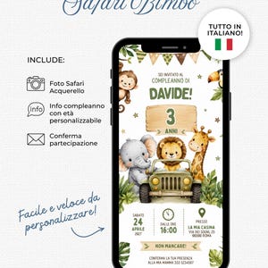 Può includere: Un invito di compleanno digitale visualizzato su uno smartphone con animali safari ad acquerello, tra cui un leone, un elefante, una giraffa e una scimmia in una jeep. Il testo include Davide, 3 anni, e i dettagli dell'evento.