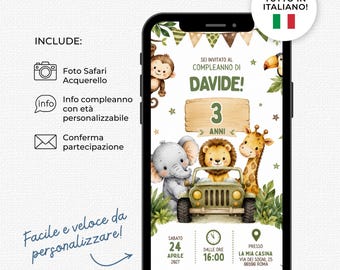 Invito Compleanno Safari Digitale Bimbo in Italiano Modificare con Canva Facile e Veloce Con Leoncino per Bambino