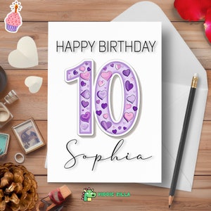 Carte de 10e anniversaire - personnalisée pour fille, petite-fille, nièce - carte de célébration de joyeux 10e anniversaire