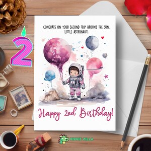 Cartão de segundo aniversário com tema astronauta, cartão de aniversário de menina de 2 anos