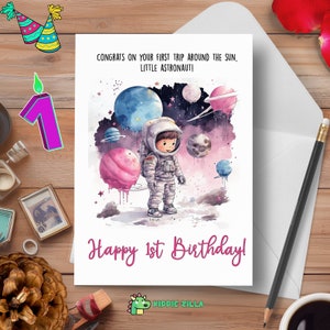 Cartão de primeiro aniversário com tema astronauta, cartão de aniversário para menina de um ano
