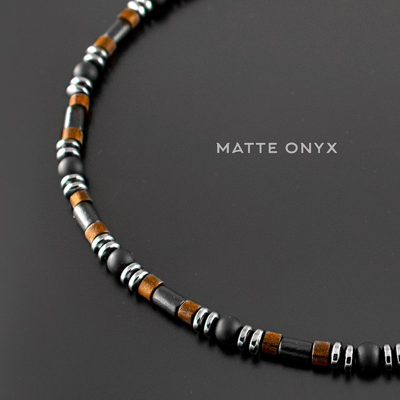 Mens Choker Necklace Bead Choker For Men Mens Beaded Necklace Onyx And Hematite Wood And Stone Black And Brown SD34 Matte Onyx
