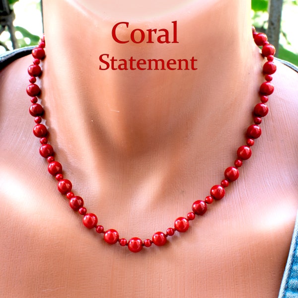 Red Coral Statement Necklace with Round Stone Beads • Elegant Coral Jewelry • SD37