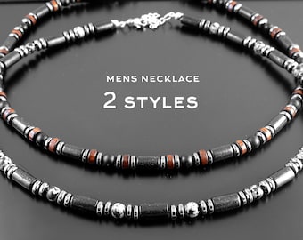 Mens Choker Necklace • Onyx, Hematite and Wood Beads • Black & Brown Gemstone Jewelry • SD60