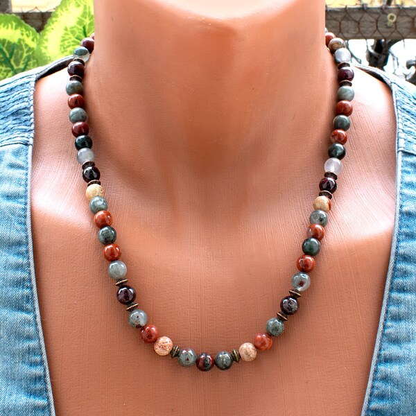 Boho Rustic Gemstone Necklace • Bloodstone, Garnet, Red Jasper Necklace w Cooper and Bronze Accents • Earthy Jewelry  • SD56