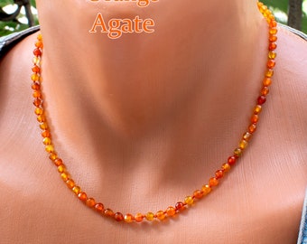 Orange Agate Choker Necklace • 4mm Vibrant Stone Bead Jewelry • SD40