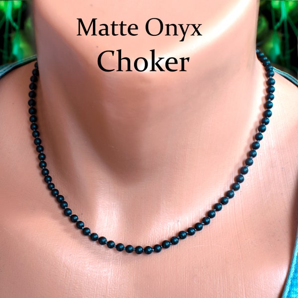 Matte Onyx Choker Necklace • 4mm Black Onyx Beads Jewelry • Hand-knotted • SD43