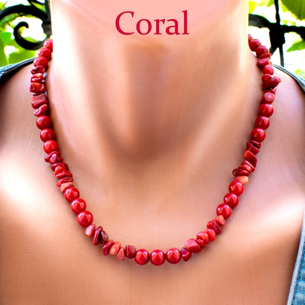 Collier de corail rouge • Bijoux en corail • Collier de perles de corail brutes et rondes • Collier de pierres précieuses • SD40