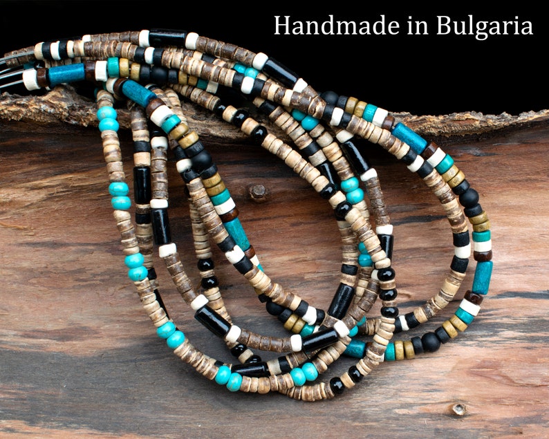 Mens Beaded Necklace Turquoise, Onyx, Wood Beads Choker Necklace Surfer, Boho, Casual, Everyday, Beach Handmade Jewelry SD50 zdjęcie 10
