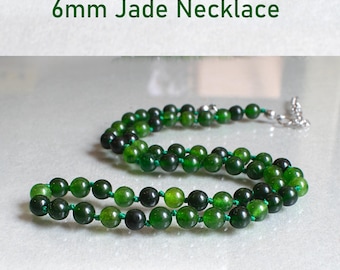 Dark Green Jade Necklace • 6mm Gemstone Beads • Natural Stone Artisan Jewelry • Knotted Necklace • SD25