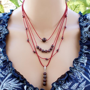 Garnet Necklace, Garnet Choker, Garnet Beaded Necklace, Garnet Pendant Necklace, Satellite | Minimalist Handcrafted Artisan Jewelry • SD68