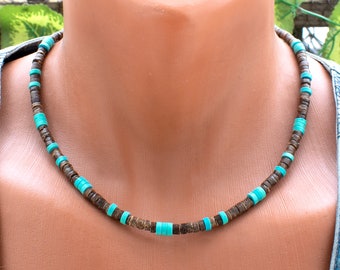 Turquoise Serenity - Men's Turquoise and Brown Wood Bead Choker Necklace • SD17