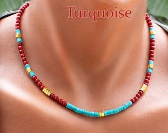 Red Coral & Turquoise Necklace, Gold Steel Accents Beads, Southwestern Tribal Style For Women SD60