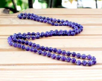 Long Amethyst Hand Knotted Necklace, 30 Inch Endless Purple Gemstone Unisex Statement Jewelry