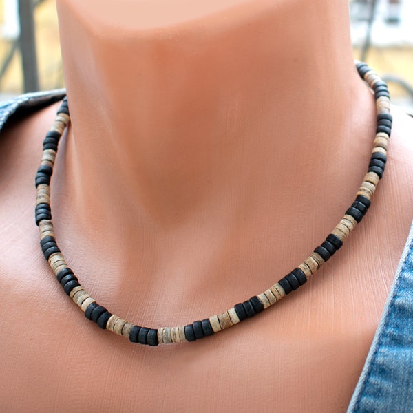 Lightweight Surfer Style Wooden Choker for Men • Black and Brown Wood Bead Necklace • SD17