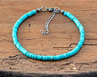 Bracelet pare-chocs Heishi turquoise pour homme, Bracelet réglable en pierre turquoise de 4 mm pour homme et femme • SD55