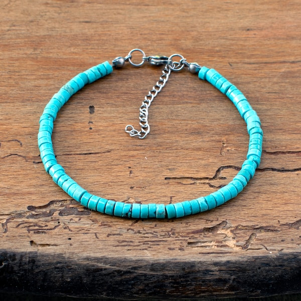 Bracelet pare-chocs Heishi turquoise pour homme, Bracelet réglable en pierre turquoise de 4 mm pour homme et femme • SD55