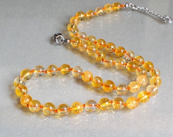 Collana con citrino, pietra preziosa gialla rotonda da 7 mm, gioiello vistoso con perline, regalo per donna