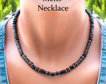 Mens Choker Necklace • Bead Choker For Men • Mens Beaded Necklace • Onyx And Hematite • Wood And Stone • Black And Brown • SD34