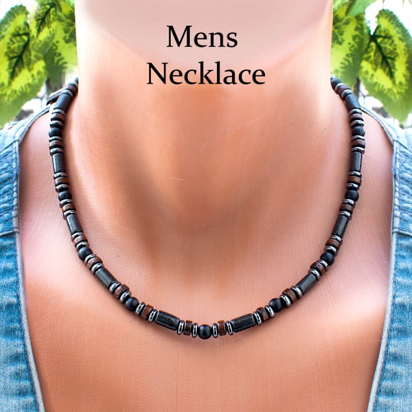 Heren choker ketting • Kraal choker voor mannen • Heren kralen ketting • Onyx en hematiet • Hout en steen • Zwart en bruin • SD34