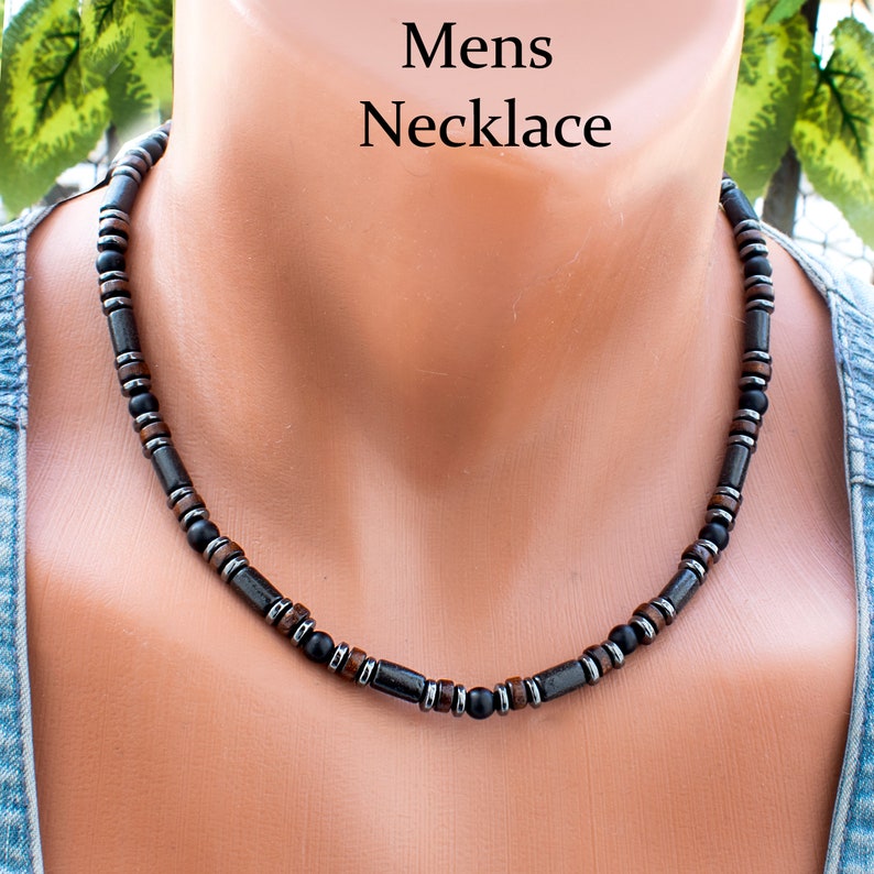 Mens Choker Necklace Bead Choker For Men Mens Beaded Necklace Onyx And Hematite Wood And Stone Black And Brown SD34 zdjęcie 3