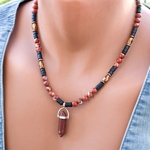 Red Jasper Point Pendant Beaded Necklace • Boho Stone Jewelry with Cooper Hematite and Black Coconut Wood Beads • SD37