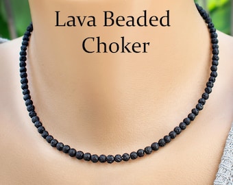 Collana girocollo in pietra lavica, collana minimalista con perline nere, perline di pietre preziose vulcaniche, regalo unisex SD60