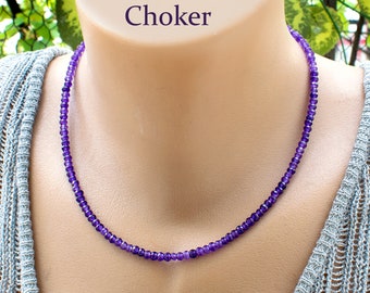 Dainty Amethyst Necklace • Beaded Choker Necklace For Women •  Purple Gemstone Jewelry •  February Birthstone • SD43