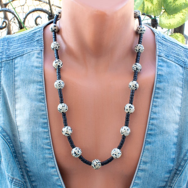 14mm Big Dalmatian Jasper Bead Necklace For Men And Women • Bold Impressions • Chunky, Stone, Statement Necklace • Jasper Jewelry • SD40
