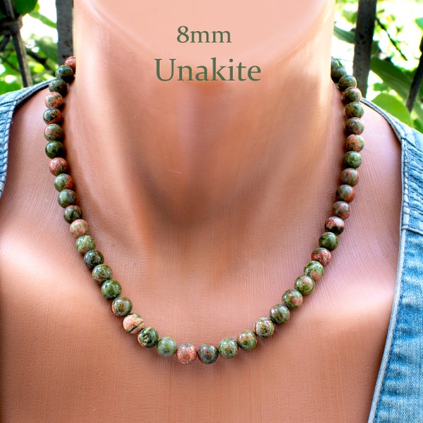 Unakite Necklace • 8mm Green Brown Gemstone Bead Necklace • Еarthly Jewelry • SD40