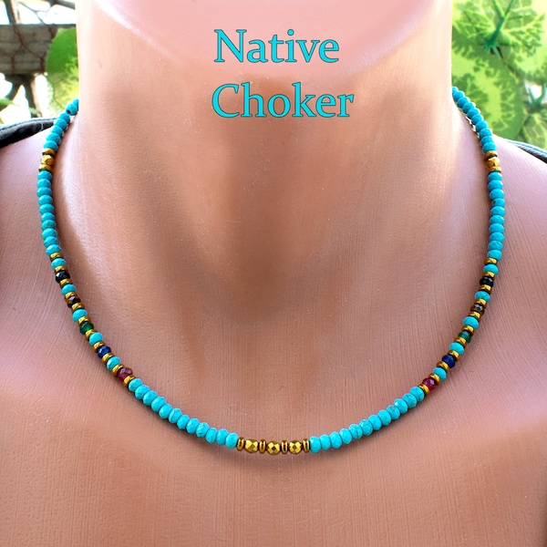 Native American Turquoise Choker Necklace with Gold Hematite Accents • Stylish Indian Jewelry for Women • Western Choker• SD43