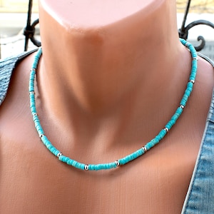 Herren Türkis Silber Halskette, Choker, Lange, Blaue Perlenschmuck SD50