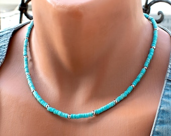Mens Turquoise Silver Necklace, Choker to Long, Blue Bead Jewelry SD50