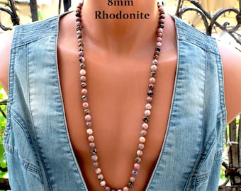 Collar largo de rodonita, collar de cuentas de piedra preciosa rosa para mujer, regalo para abuela o mamá, 76 cm (30 pulgadas) SD45