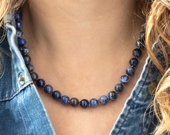 Sodalite Necklace: 8mm Blue Gemstone Beads • Knotted Natural Stone Jewelry • 18 inch • SD25