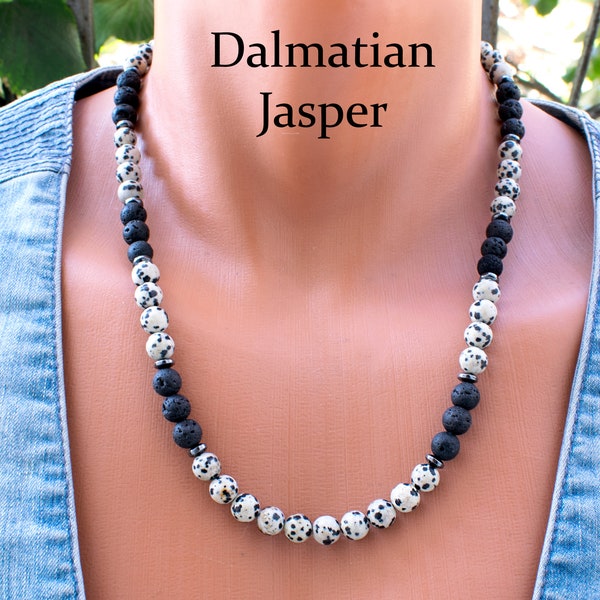 Mens Dalmatian Jasper Necklace • Unique Jasper Jewelry For Men • Mens Beaded Necklace • SD43