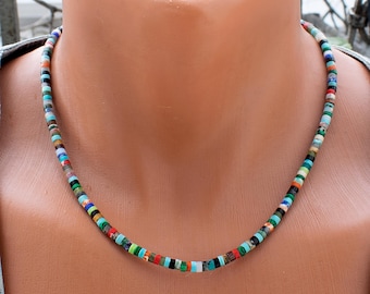 Rainbow Gemstone Heishi Bead Necklace Colorful Multi Mineral Boho Choker Men Women Gift