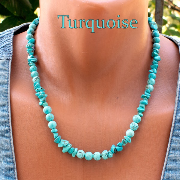 Collier de perles turquoises brutes et rondes pour femme - Collier tendance pour femme - Bijoux turquoise • SD43