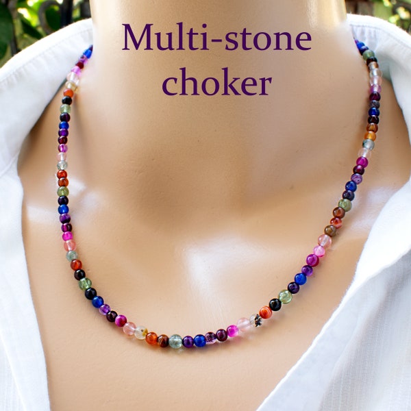 Collier de perles multicolores pour femme - Collier multicolore pour femme - Collier ras de cou de perles colorées - Bijoux arc-en-ciel