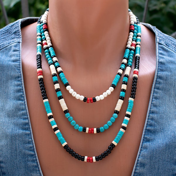 Collier amérindien turquoise pour homme, long collier tribal de pierres précieuses tribales du sud-ouest des États-Unis Heishi turquoise pour hommes et femmes