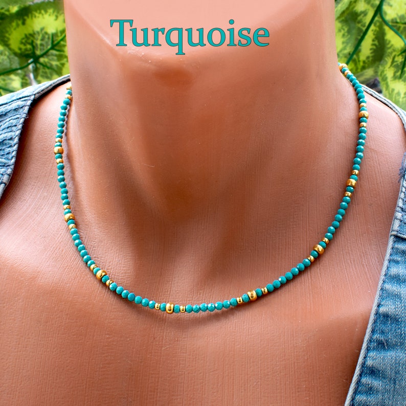 Turquoise Necklace w Gold Accents Turquoise Bead Choker Tiny, Small, Delicate, Dainty, Micro Stone Bead Necklace SD43 zdjęcie 2