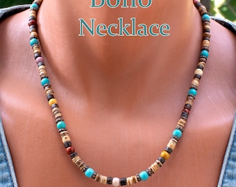 Multi Color Stone Bead Necklace For Women • Womens Wood Bead Necklace • Multi Color Beaded Choker • Boho Necklace • SD43