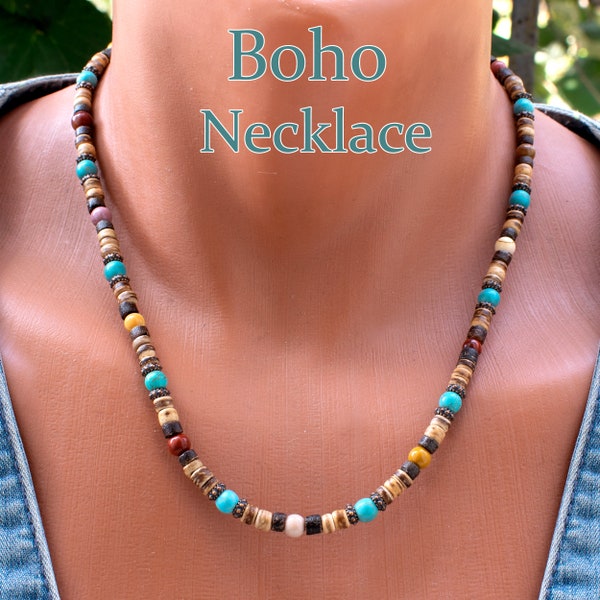 Multi Color Stone Bead Necklace For Women • Womens Wood Bead Necklace • Multi Color Beaded Choker • Boho Necklace • SD43