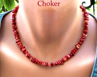 Collier corail rouge brut avec pépites | Bijoux en grosses pierres précieuses • SD40