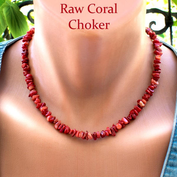 Rohe rote Koralle Halskette mit Nugget Perlen | Großer Edelsteinschmuck • SD25