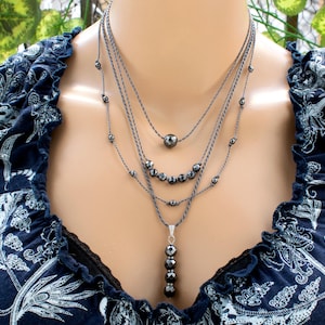 Hematite Necklace, Hematite Choker, Hematite Beaded Necklace, Hematite Pendant, Satellite | Minimalist Handcrafted Artisan Jewelry • SD68