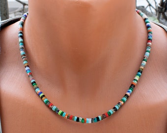 Kleurrijke Multi Stone Heishi kralenketting met turquoise accenten • Levendige regenboogchoker-sieraden • SD56