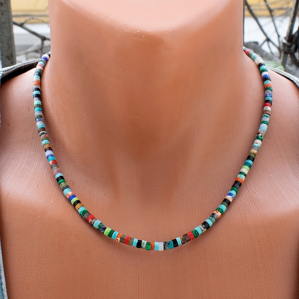 Colorful Multi Stone Heishi Bead Necklace with Turquoise Accents • Vibrant Rainbow Choker Jewelry • SD56