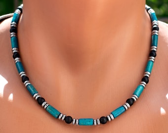Blue Turquoise Tube Wood Choker Necklace For Men • Mens Boho Beaded Necklace • Gift For Men • SD17